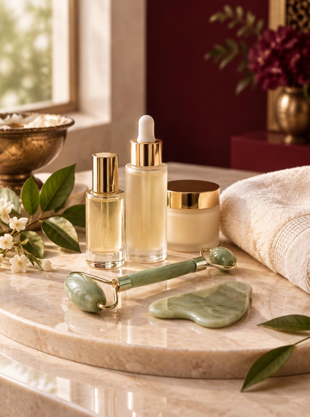 Luxury skin serums, jade roller and gua sha treatment tools